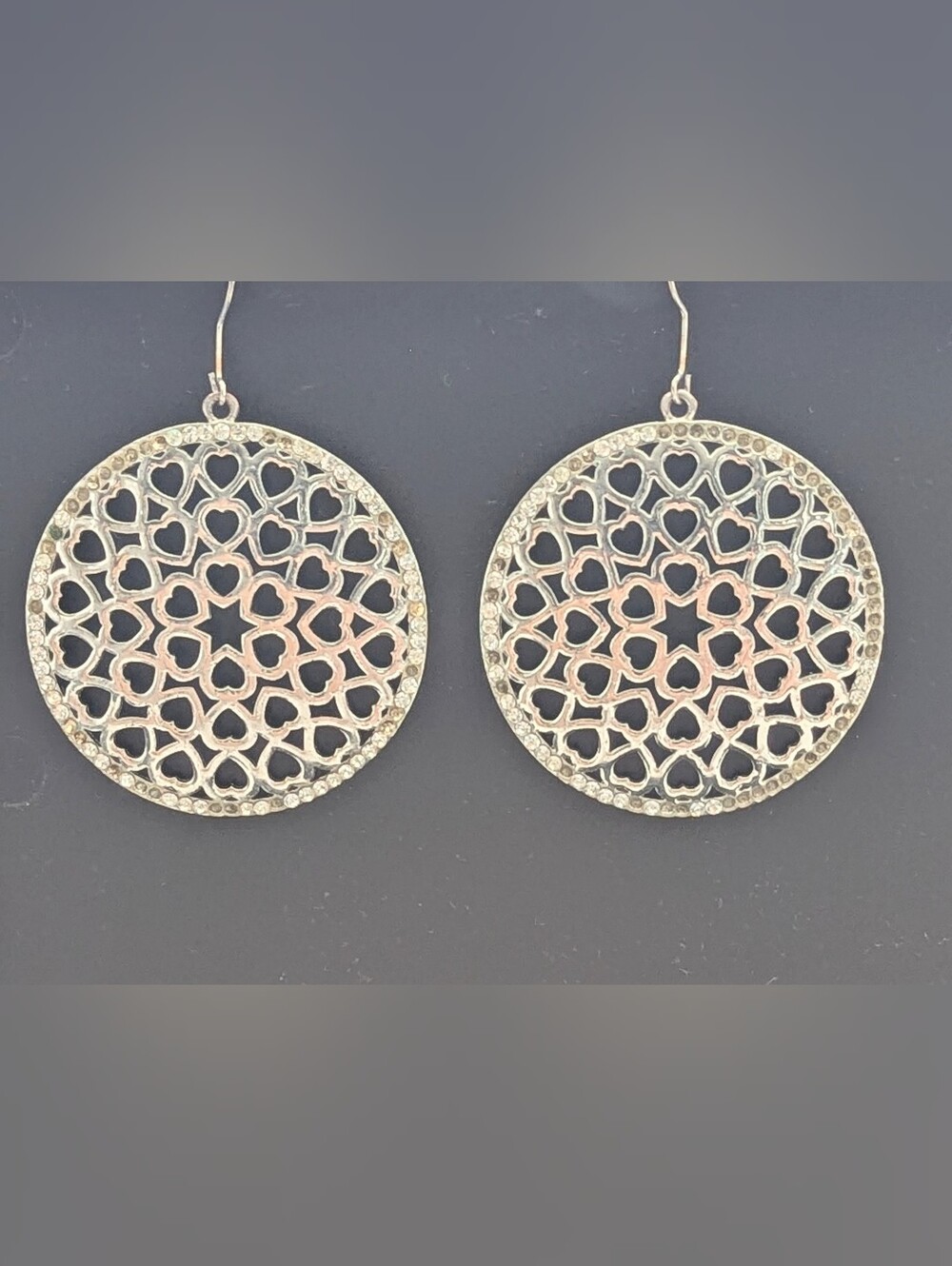 Round Silver-Tone Cut-Out Hearts Filigree Dangle Pierced Earrings